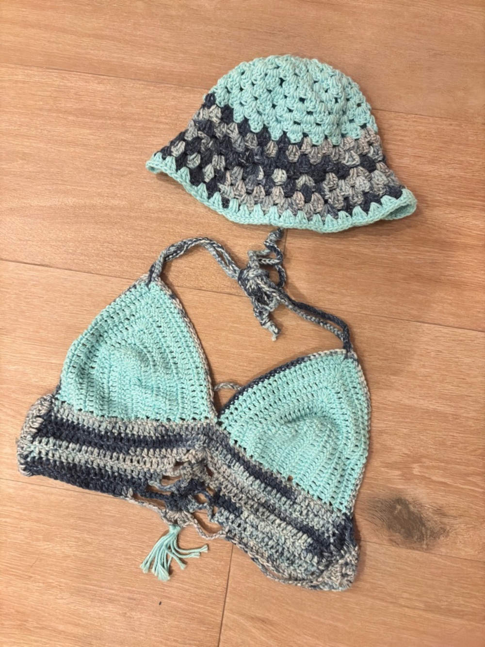 Handmade Crochet Bikini Top and Matching Sun Hat in Mint & Heathered Gray
